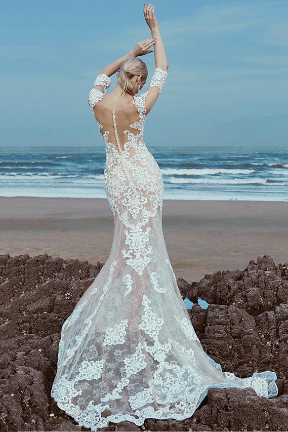 Beautiful Mermaid Beach Wedding Dress Scoop Lace Tulle Half Sleeve Bridal Gowns with Sweep Train