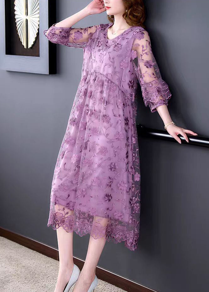 Beautiful Purple O-Neck Embroidered Tulle Long Dresses Half Sleeve