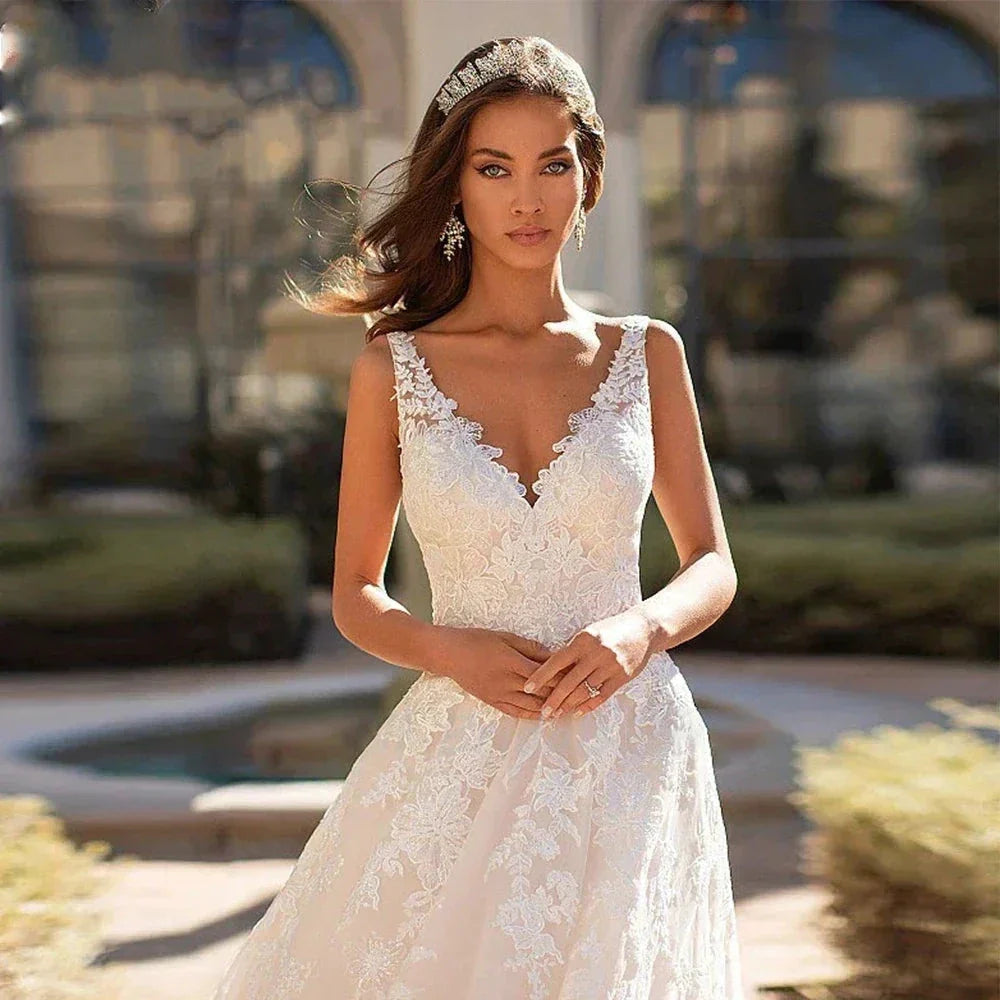 Beautiful Romantic A-line V-neck Sleeveless Sexy Backless Wedding Dresses New For Women Grace Flowers Gorgeous Bridal Gowns (ZD14229)