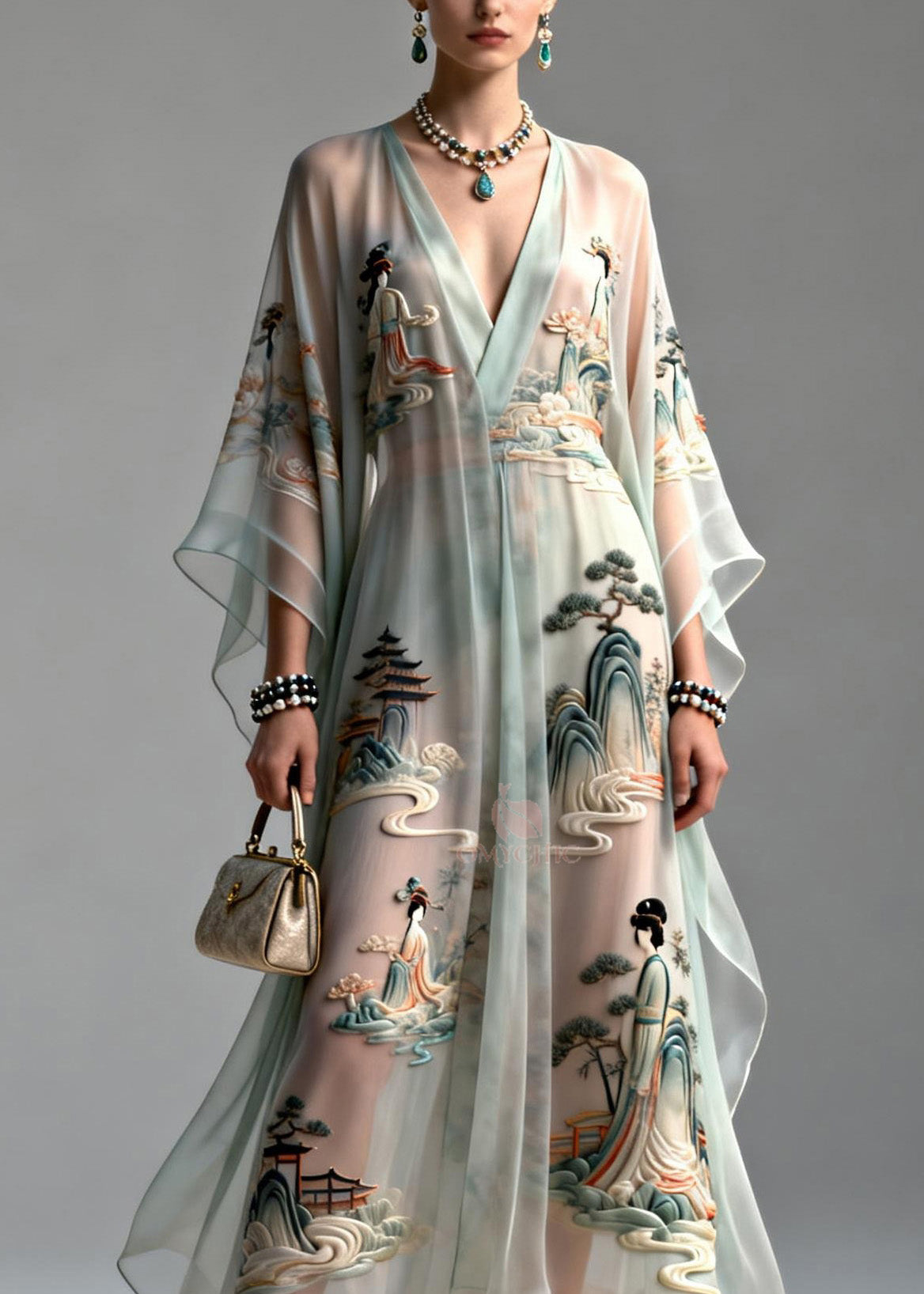 Beautiful V Neck Asymmetrical Design Print Chiffon Dress Summer