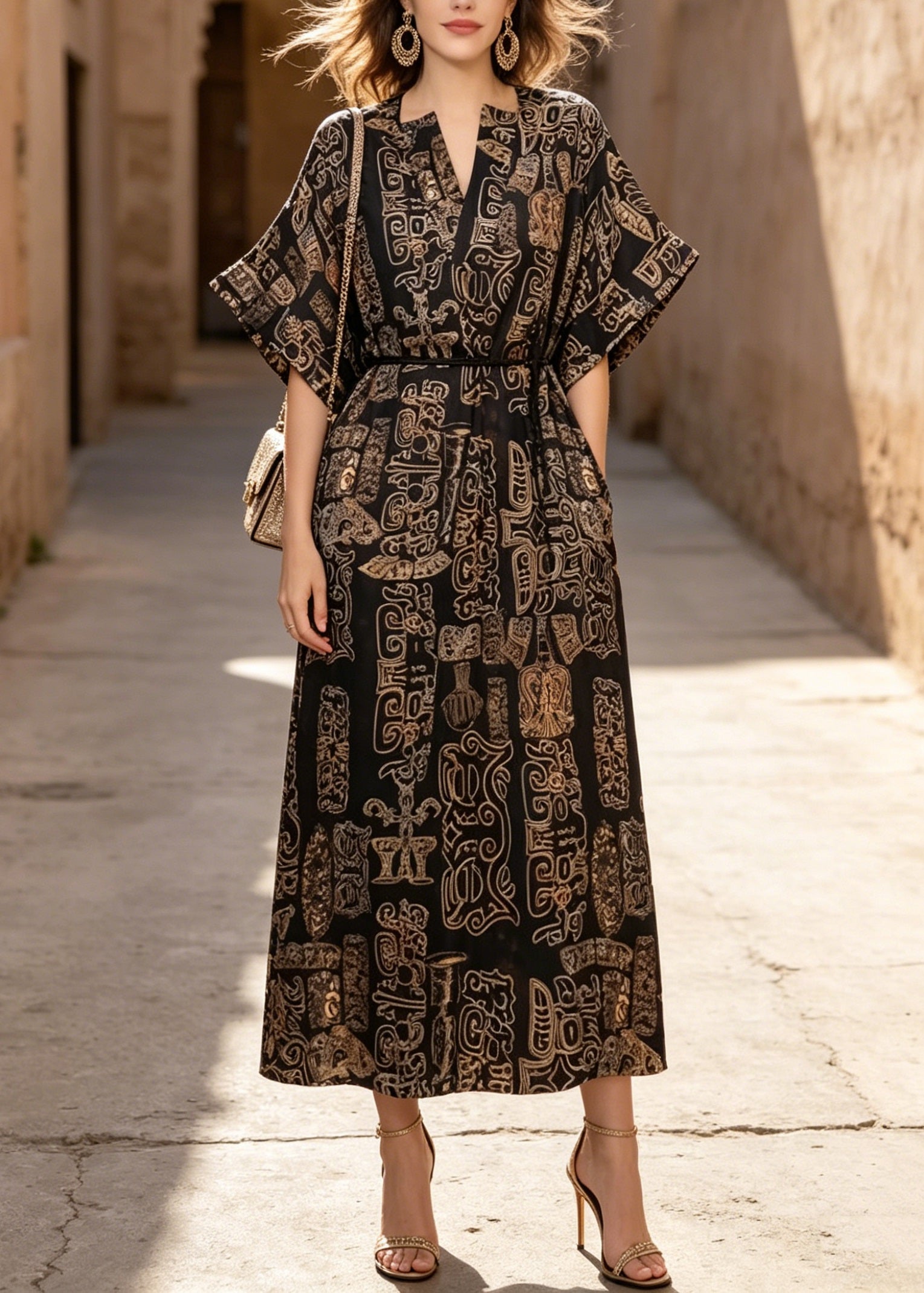 Beautiful V Neck Print Pockets Cotton Dresses Summer