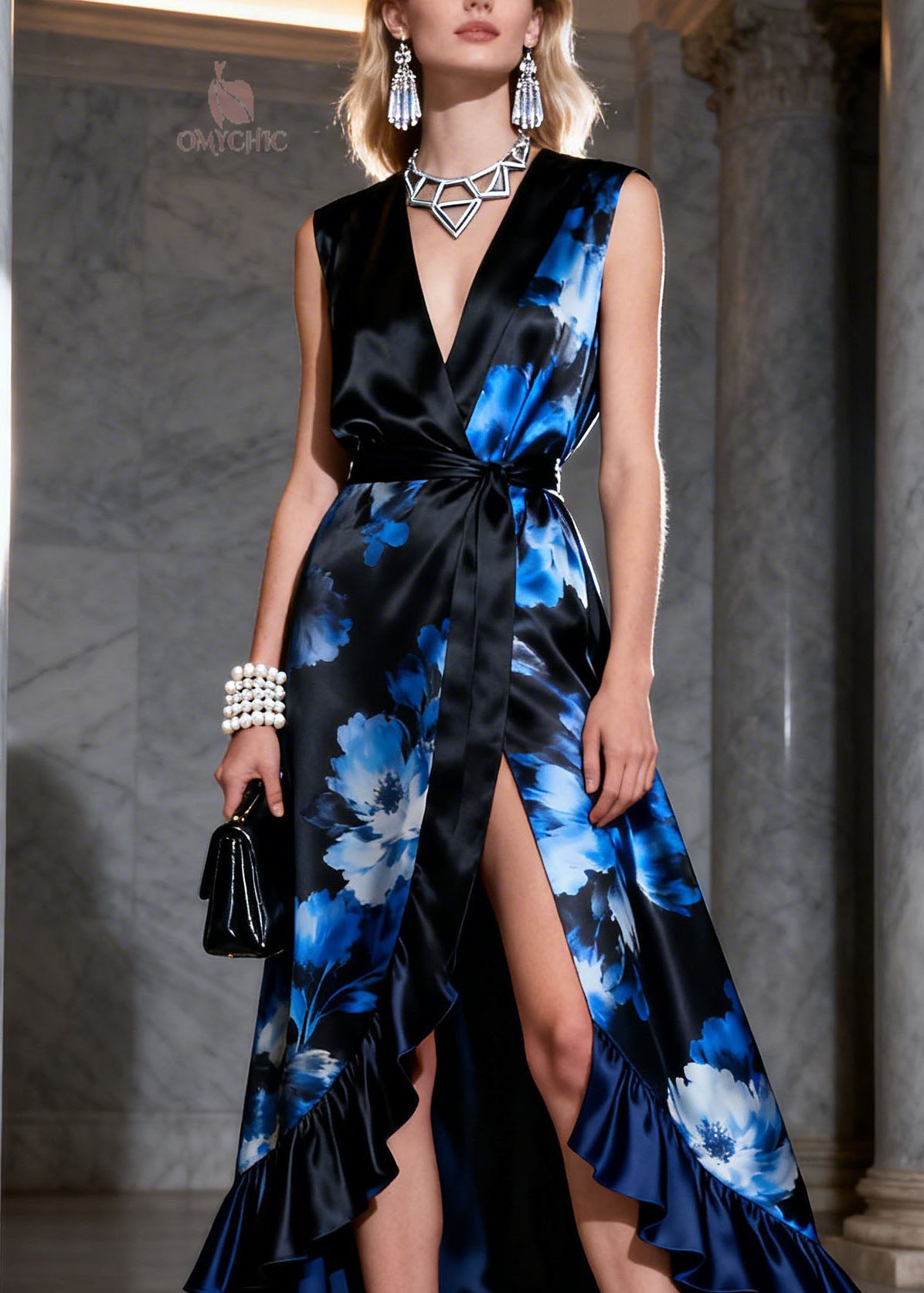 Beautiful V Neck Print Ruffled Patchwork Silk Dresses Summer
