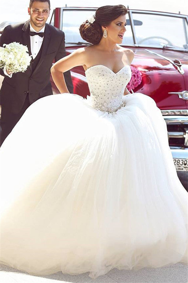 Beautiful White Sweetheart Beading Long Wedding Dress Crystal Tulle Plus Size Bridal Gowns