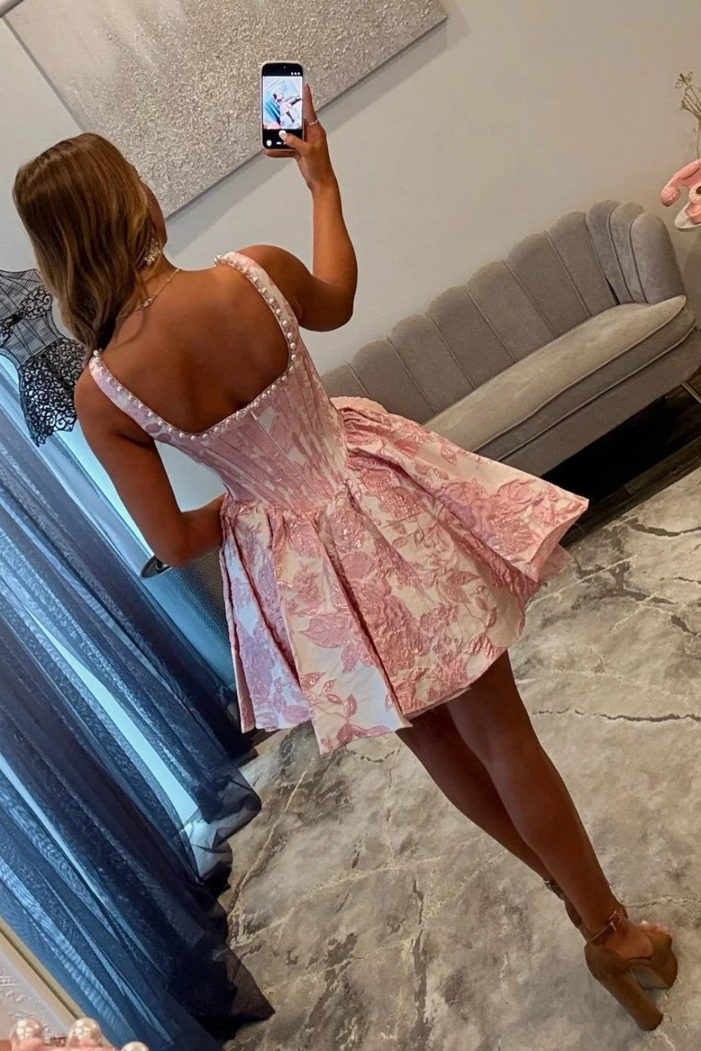 Beautiful A Line Square Neck Pink Floral Printed Corset Homecoming Dress with Pearls