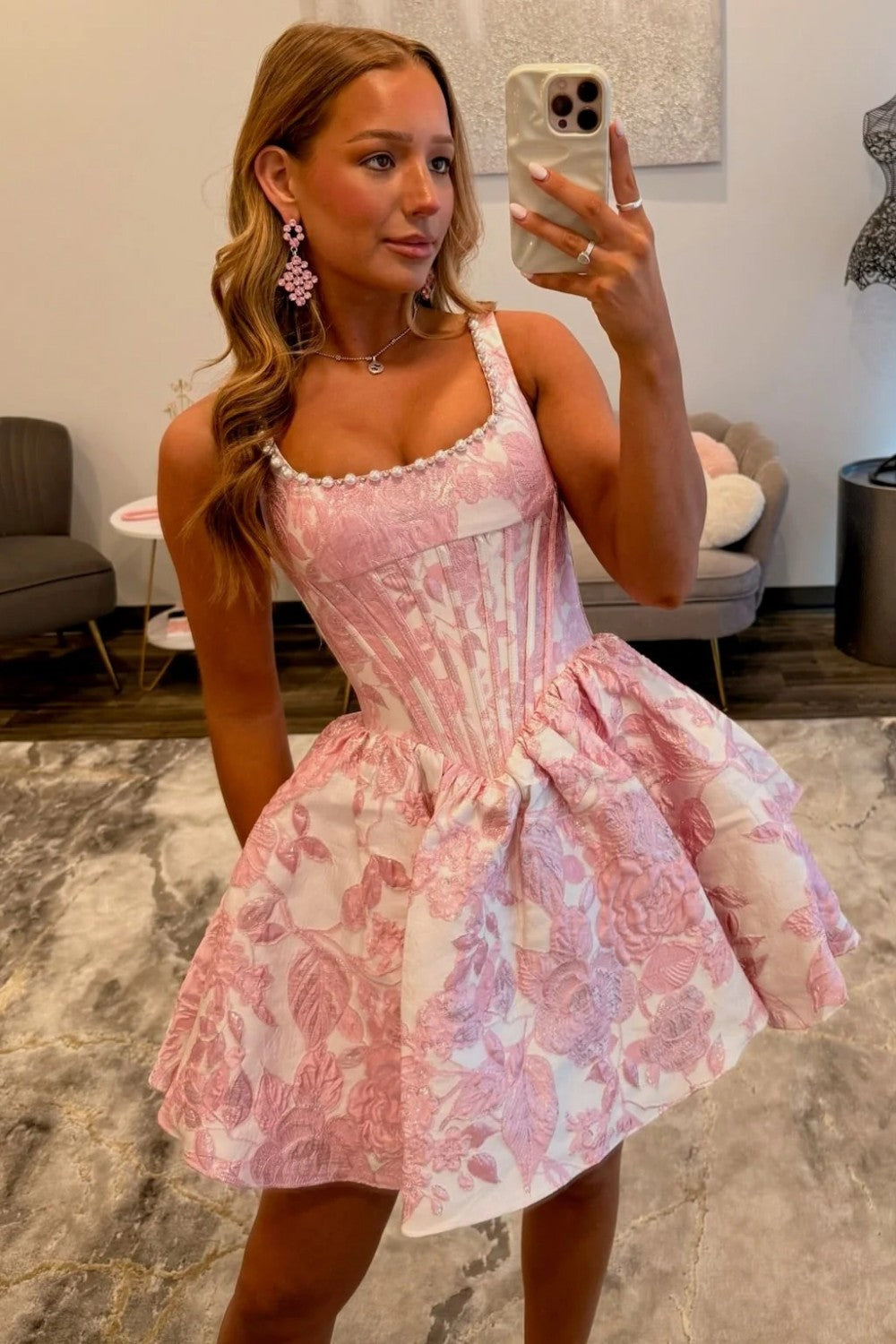 Beautiful A Line Square Neck Pink Floral Printed Corset Homecoming Dress with Pearls