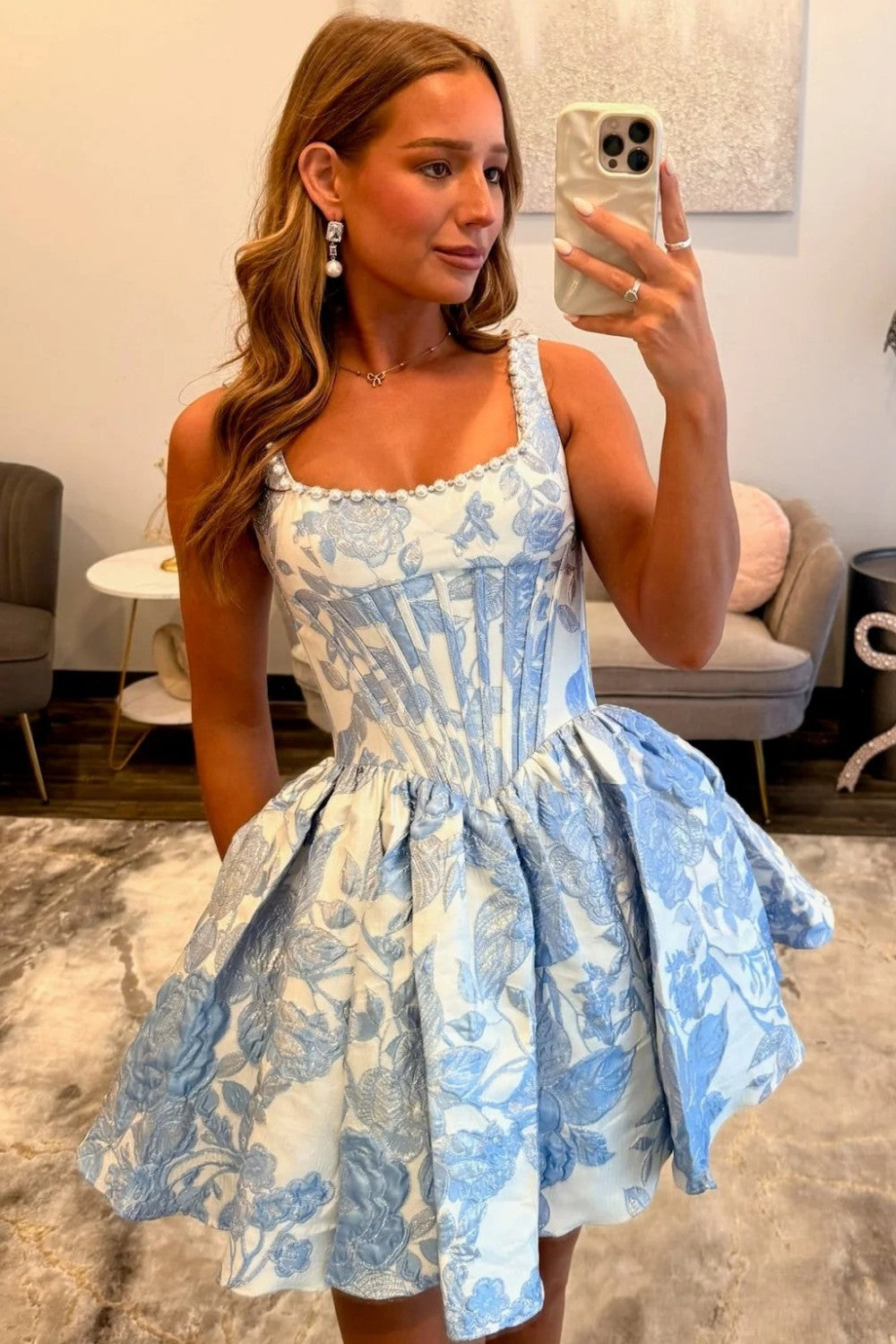 Beautiful A Line Square Neck Pink Floral Printed Corset Homecoming Dress with Pearls