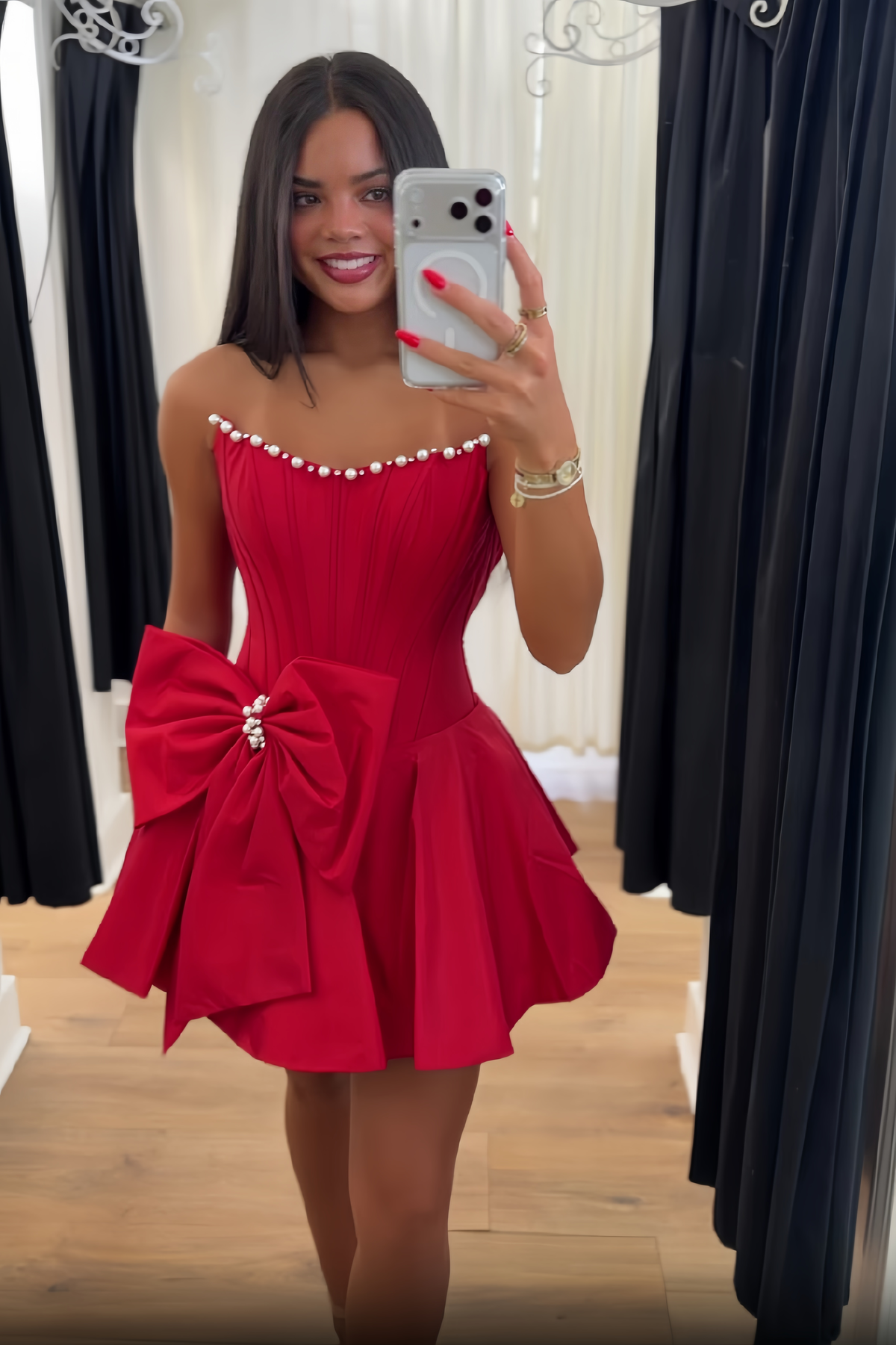 Beautiful A Line Strapless Red Corset Homecoming Dress with Bowknot Pearls
