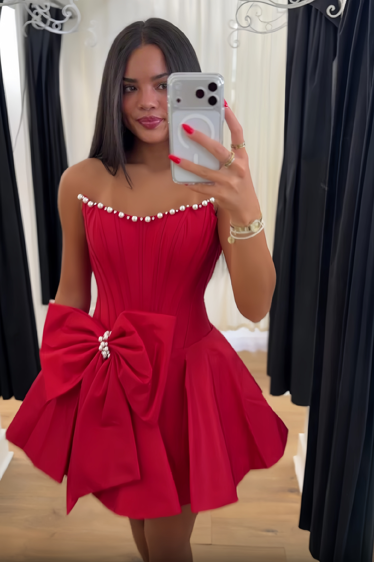 Beautiful A Line Strapless Red Corset Homecoming Dress with Bowknot Pearls