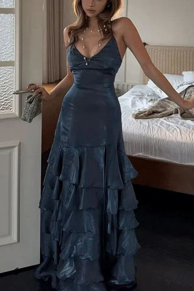 Gorgeous A Line Spaghetti Straps Navy Blue Long Prom Dress with Ruffles