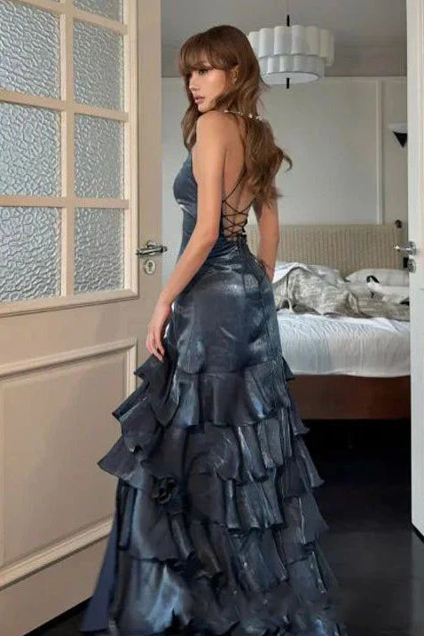 Gorgeous A Line Spaghetti Straps Navy Blue Long Prom Dress with Ruffles