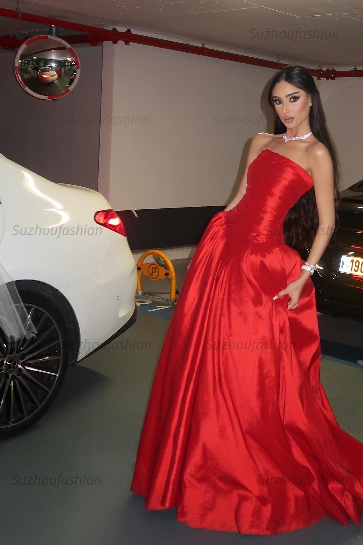 Suzhoufashion Beauty A Line Strapless Red Satin Long Prom Dress With Ruched Formal Evening Gown
