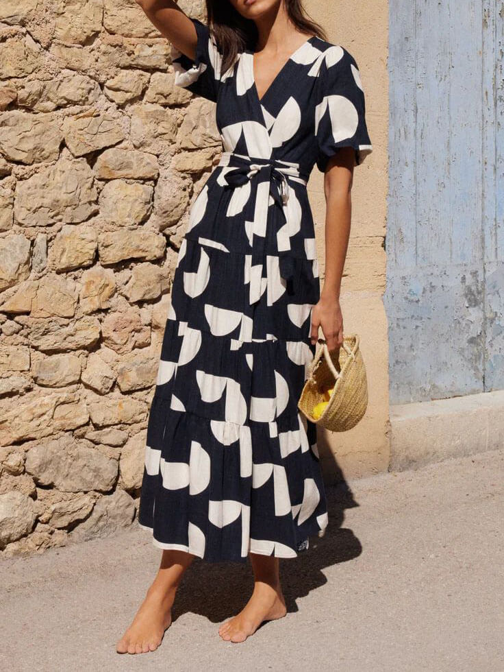 Puff Sleeve V - Neck Geometric Print Midi Dress