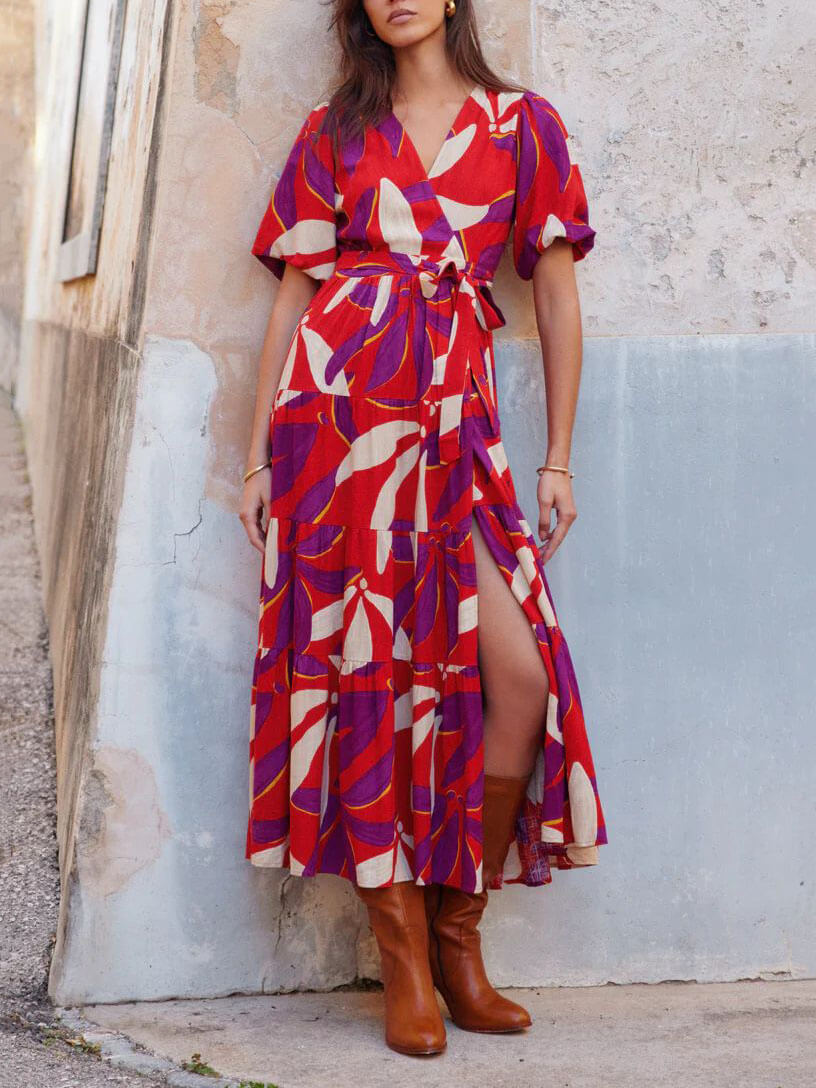 V - Neck Puff Sleeves Slit Printed Maxi Dress