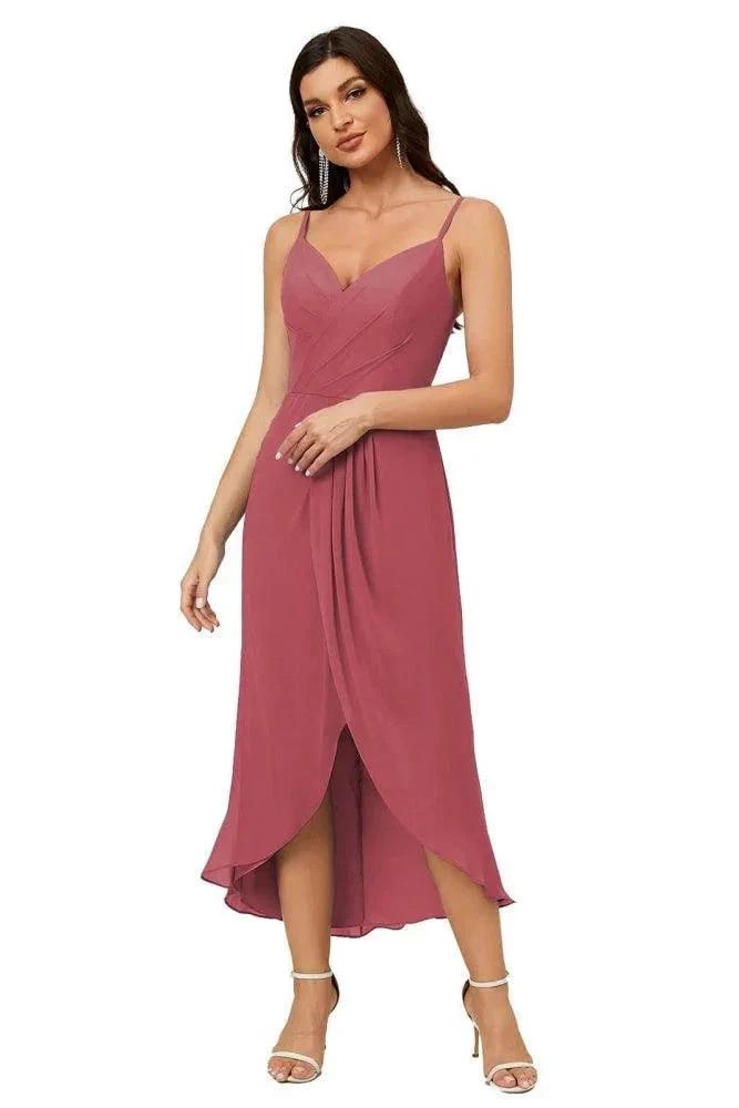 Numbersea Spaghetti Chiffon V Neck Bridesmaid Dress Mid-Length Slit Formal Prom Dress Homecoming Dress 2803 by numbersea