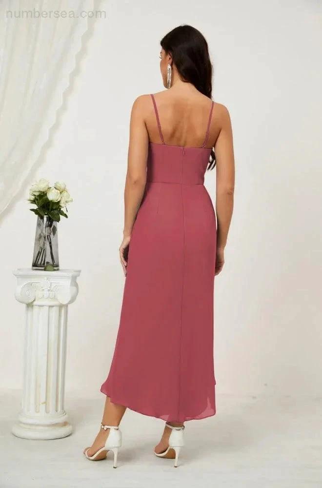 ZapDress Spaghetti Chiffon V Neck Bridesmaid Dress Mid-Length Slit Formal Prom Dress Homecoming Dress 2803 (ZD16952)