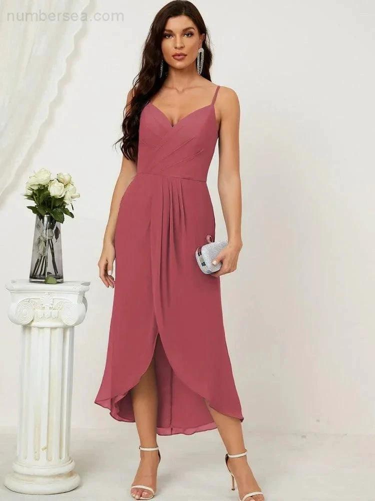 ZapDress Spaghetti Chiffon V Neck Bridesmaid Dress Mid-Length Slit Formal Prom Dress Homecoming Dress 2803 (ZD16952)