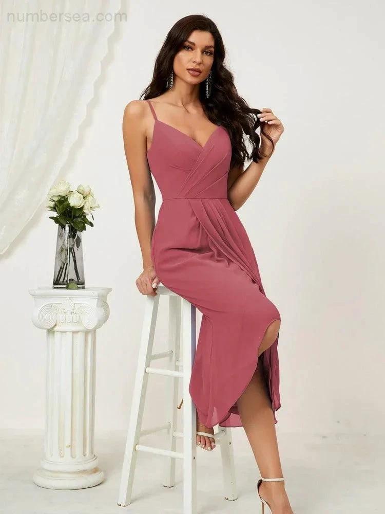 ZapDress Spaghetti Chiffon V Neck Bridesmaid Dress Mid-Length Slit Formal Prom Dress Homecoming Dress 2803 (ZD16952)