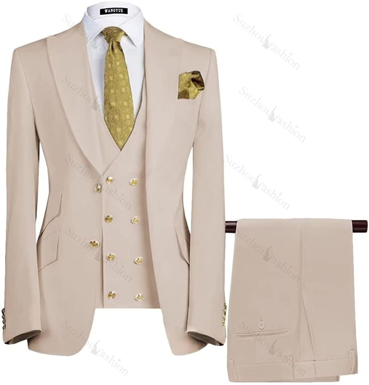 Beige Three Piece Peaked Lapel Prom Suit