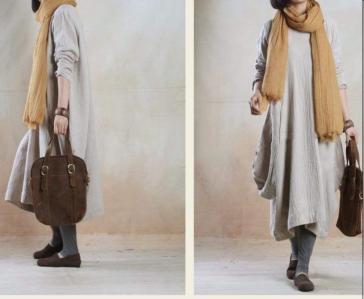 Beige Baggy linen maxi dress long plus size spring linen dresses