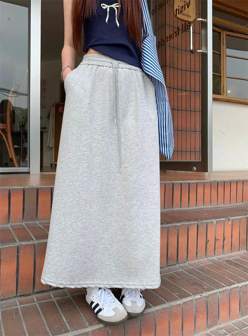 DressBetty - Solid Color Elastic Drawstring Straight Long Skirt - VelvetHem