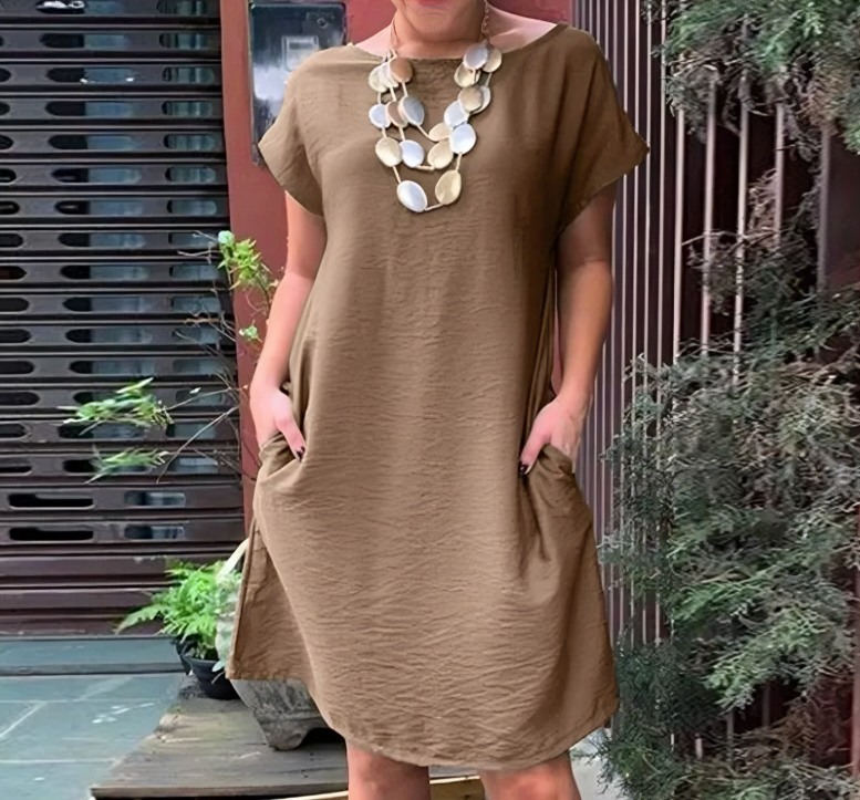 Harper Chic Loose Round Neck Short Sleeve Dress Elevated Occasion Wear