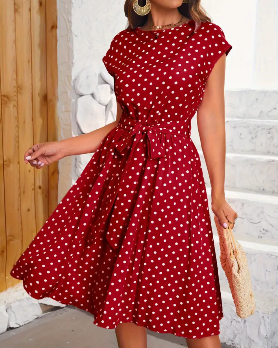 Grace Statement Polka Dot Midi Dress with Tie Belt Evening Wear Edit