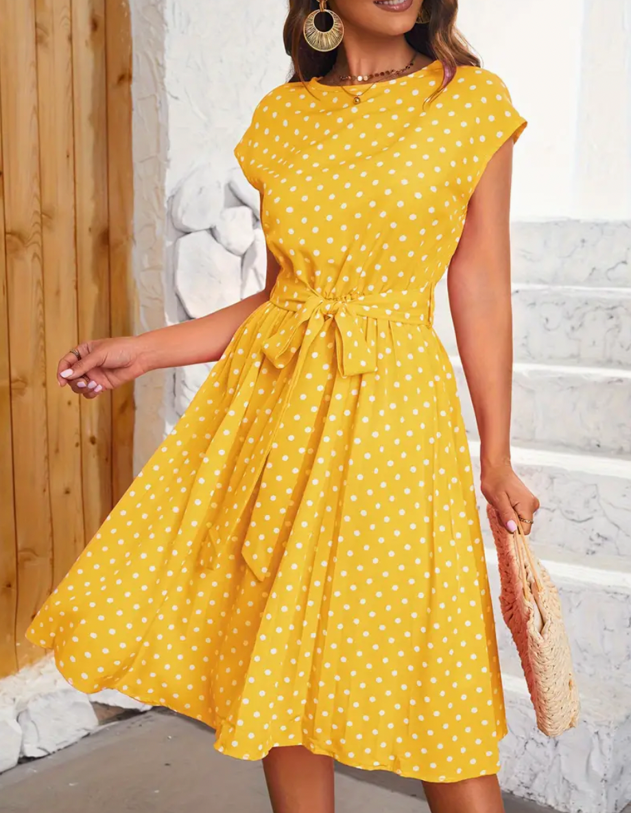 Grace Statement Polka Dot Midi Dress with Tie Belt Evening Wear Edit