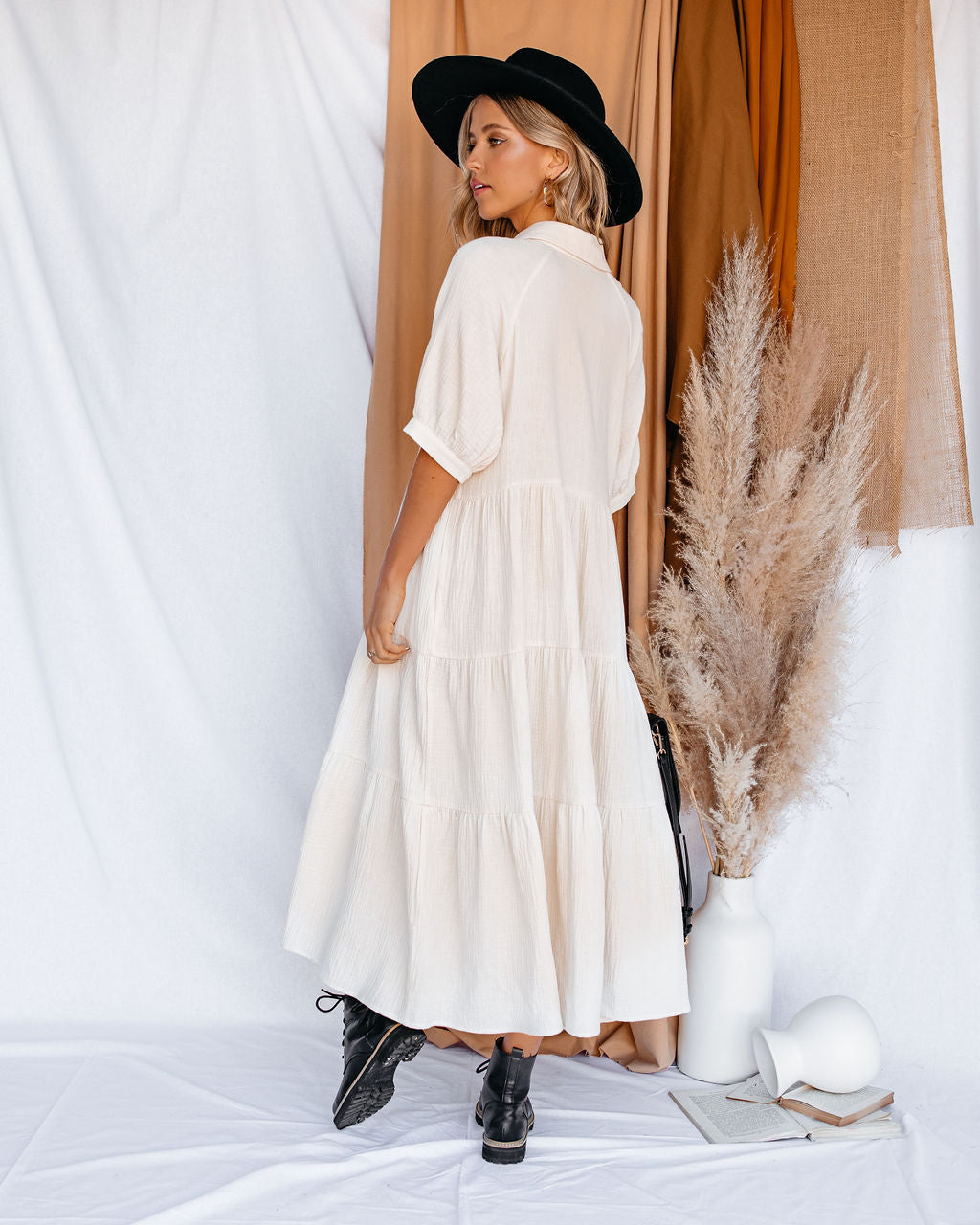 Binx Cotton Pocketed Button Down Midi Dress Ivory