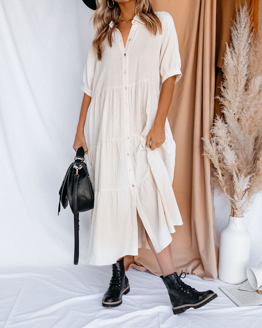 Binx Cotton Pocketed Button Down Midi Dress Ivory