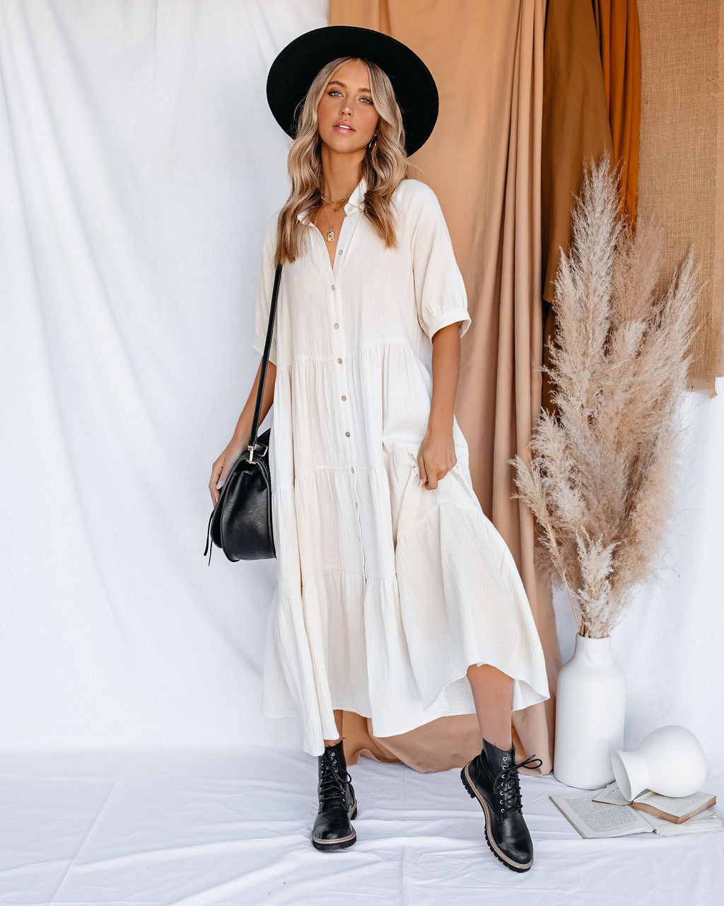 Binx Cotton Pocketed Button Down Midi Dress Ivory