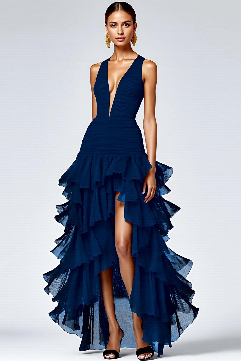 Suzhoufashion Black A Line V-Neck Tiered Sleeveless Long Prom Dress With Slit