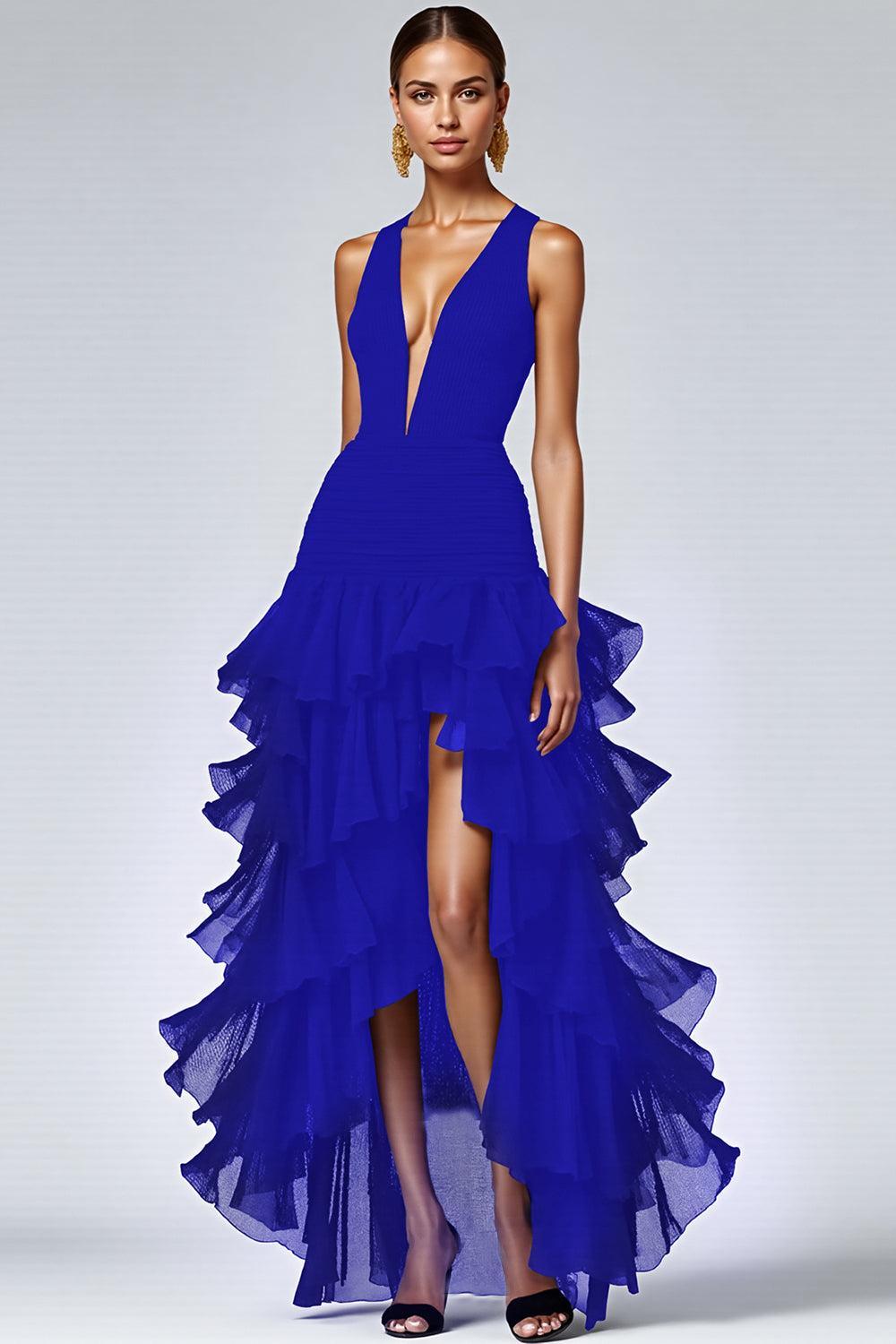 Suzhoufashion Black A Line V-Neck Tiered Sleeveless Long Prom Dress With Slit
