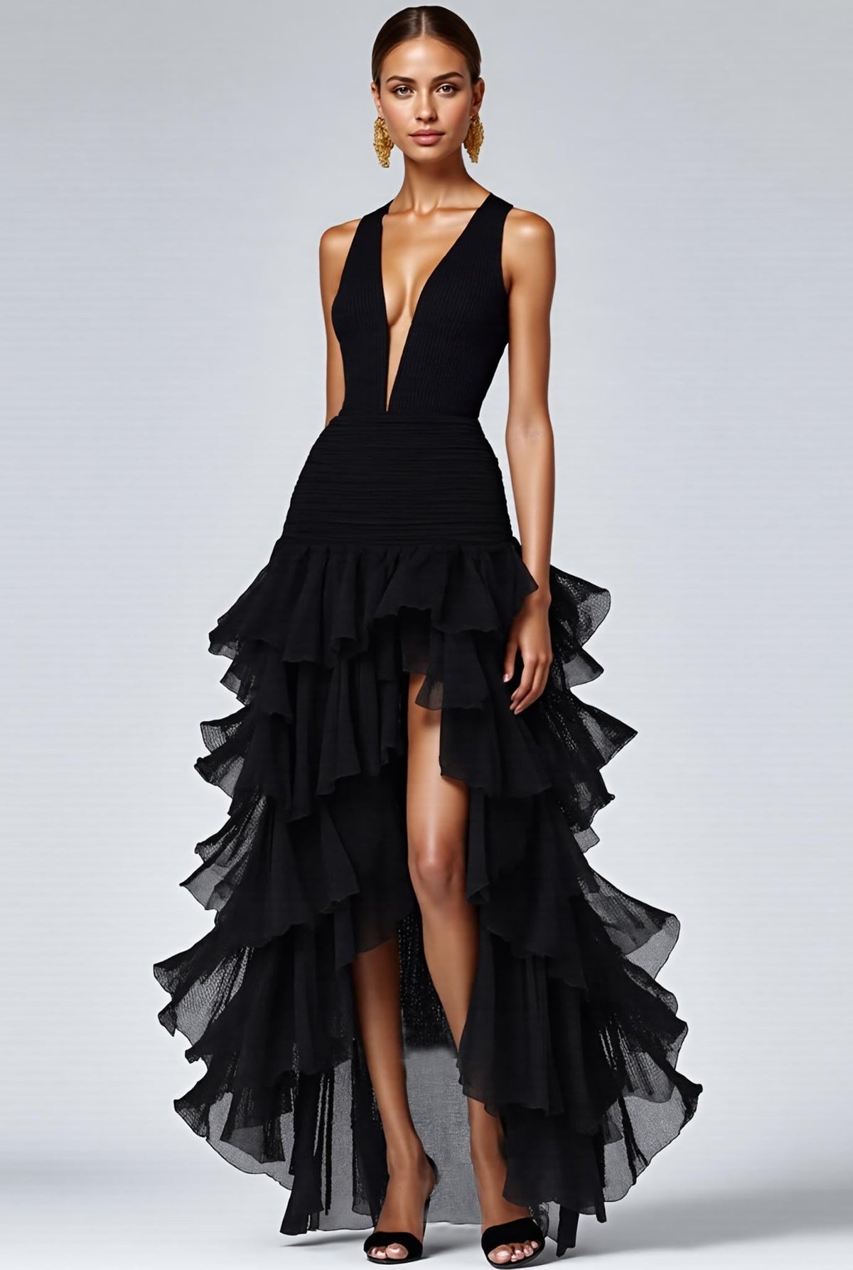 Suzhoufashion Black A Line V-Neck Tiered Sleeveless Long Prom Dress With Slit