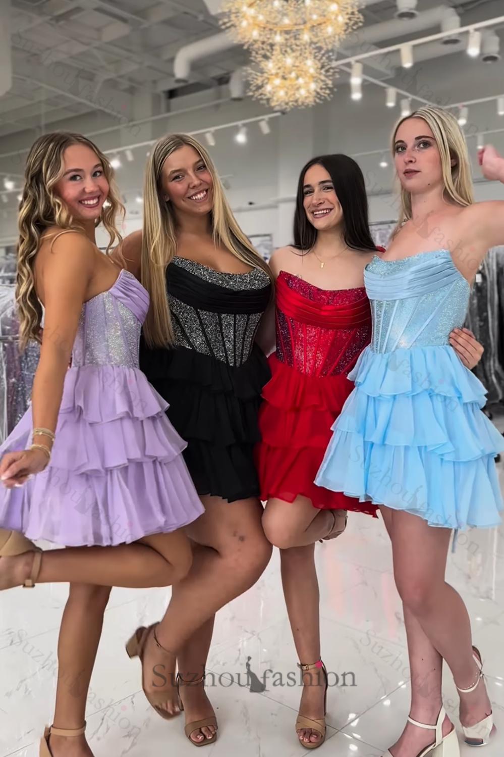 Black Beaded Corset A Line Homecoming Dresses Short Cocktail Dresses With Ruffles