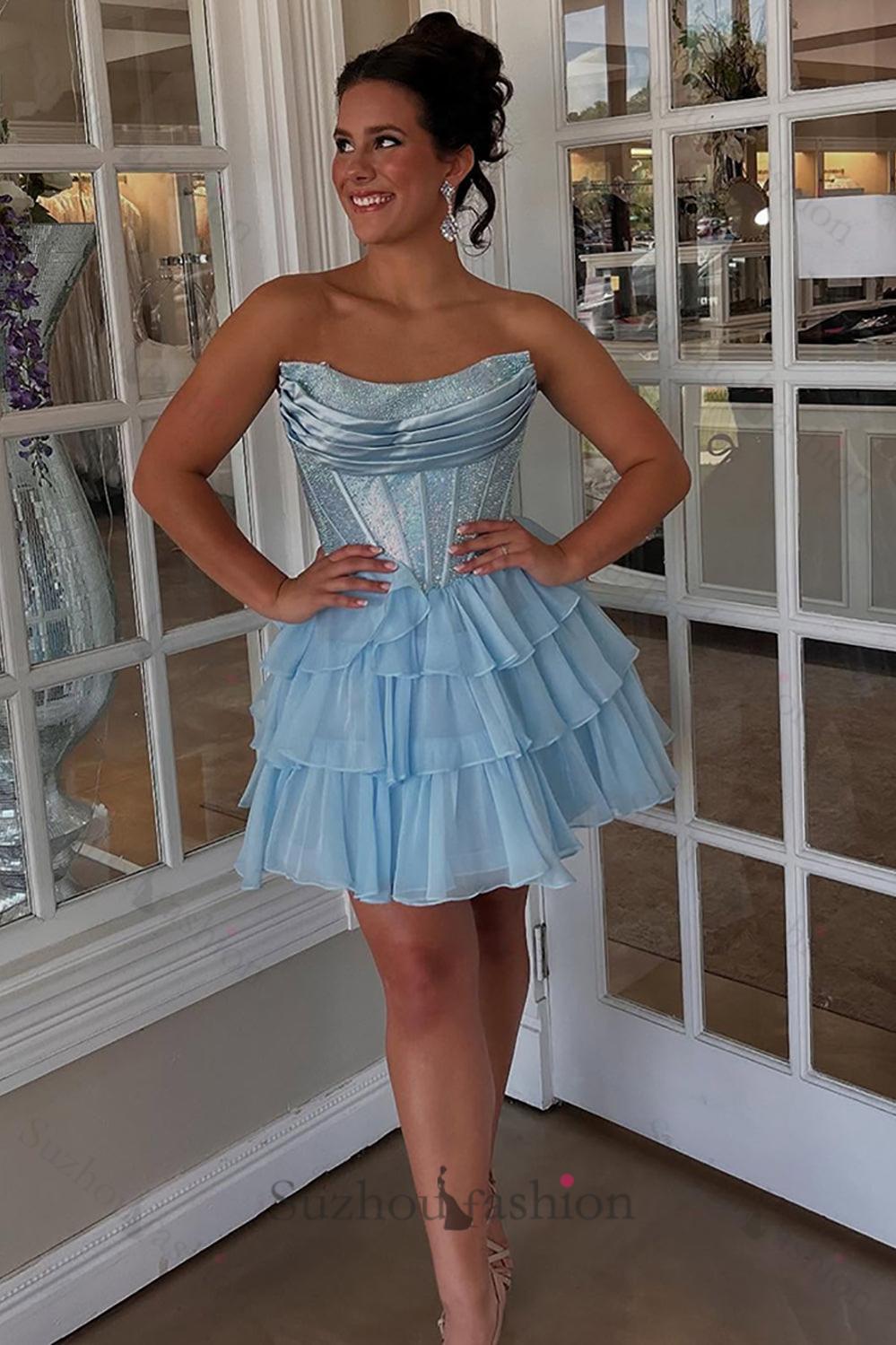 Black Beaded Corset A Line Homecoming Dresses Short Cocktail Dresses With Ruffles