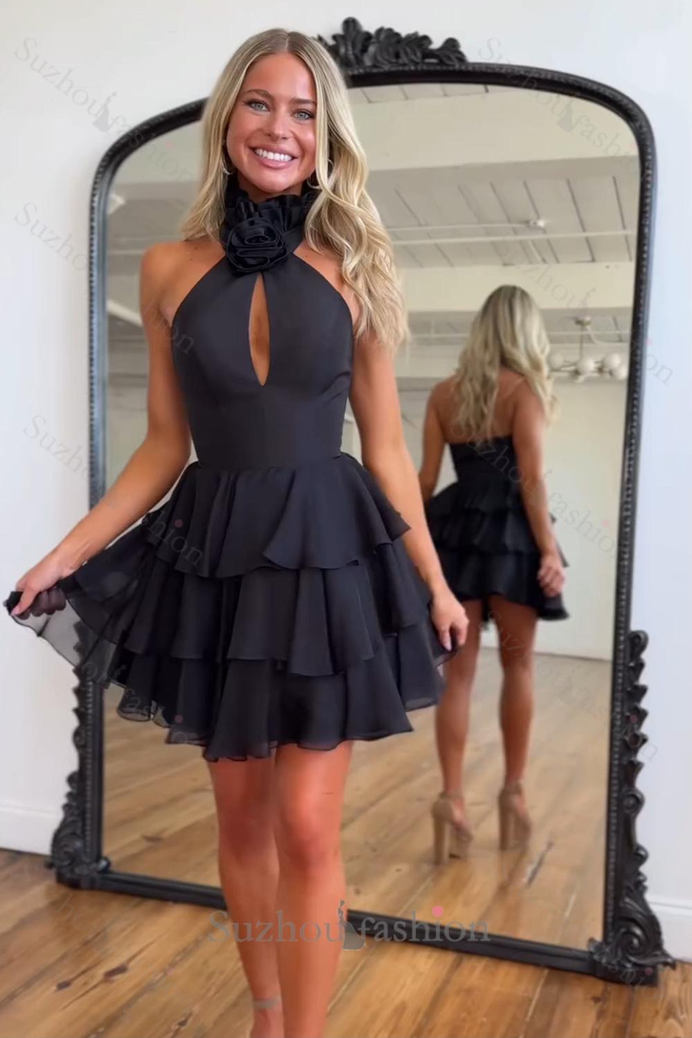 Black Floral Homecoming Dresses High Neck Short Cocktail Dresses With Ruffles