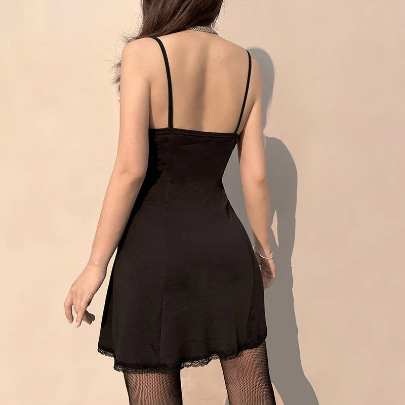 Black Gothic Lolita Style Lace Trim Sleeveless V Neck Bow Y2K Aesthetic Grunge Mini A-Line Dress - View 6 | VelvetHem