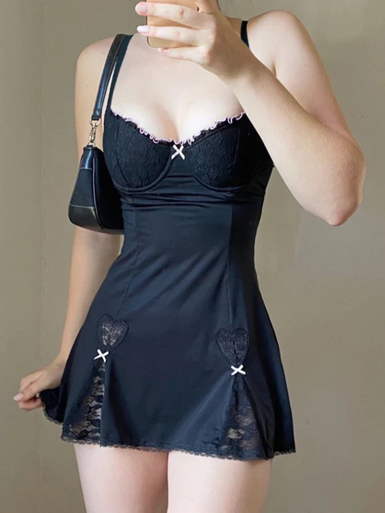 Black Gothic Lolita Style Lace Trim Sleeveless V Neck Bow Y2K Aesthetic Grunge Mini A-Line Dress - View 7 | VelvetHem
