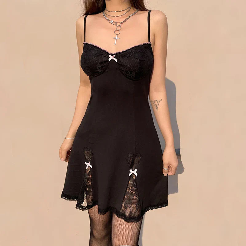 Black Gothic Lolita Style Lace Trim Sleeveless V Neck Bow Y2K Aesthetic Grunge Mini A-Line Dress - View 4 | VelvetHem