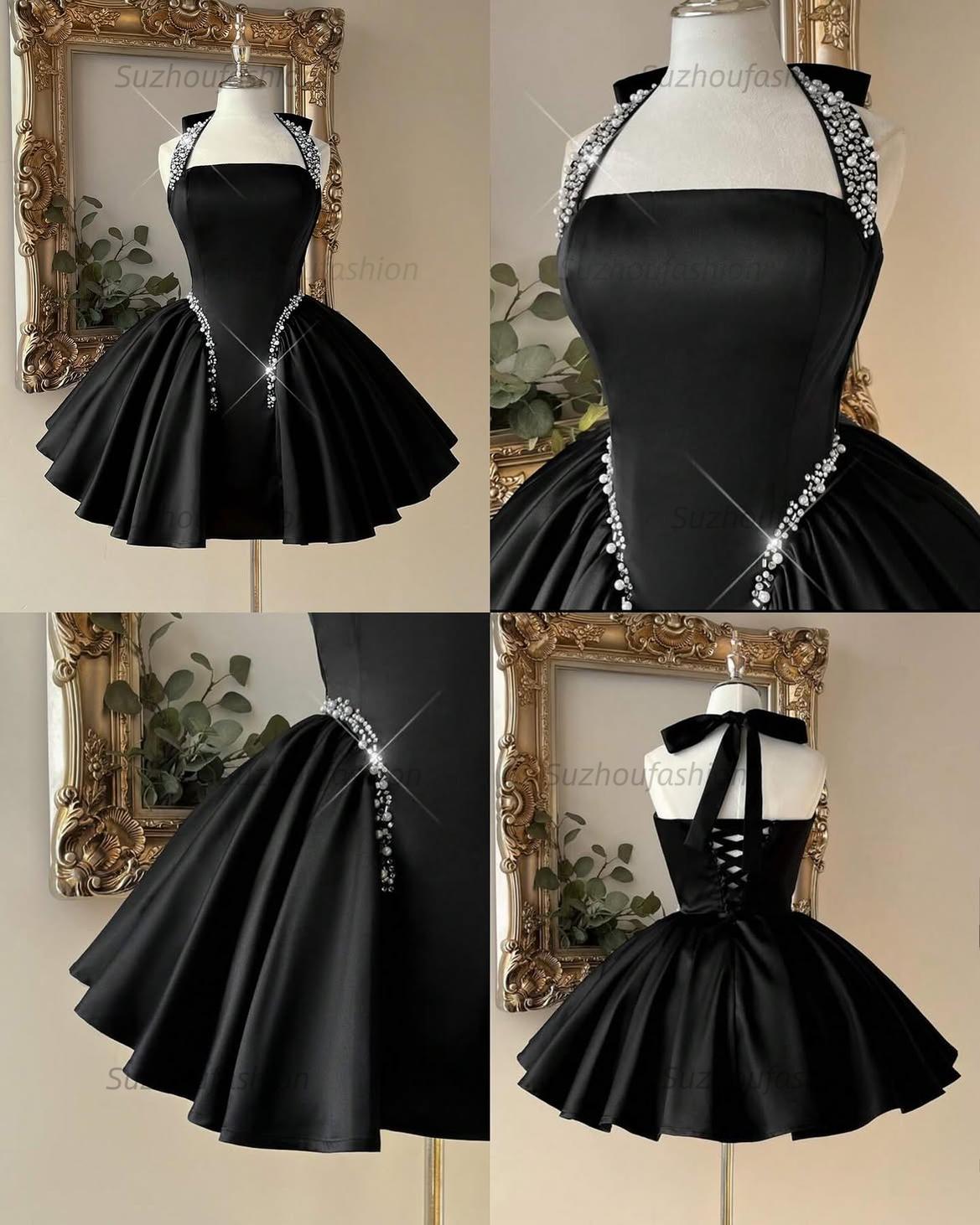Black Halter Satin Mini Homecoming Dress Crystal Chain X-Detail & Full A-Line Skirt