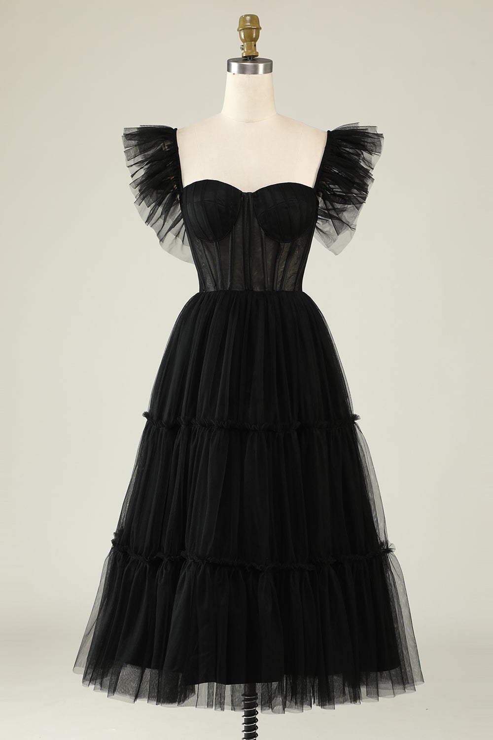 Black Homecoming Dresses A-Line Corset Ruffled Tulle Prom Dress