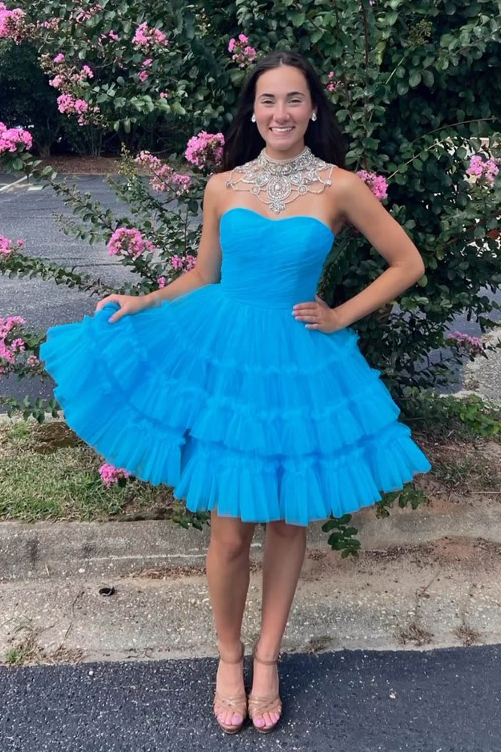 Black Homecoming Dresses A-Line Sweetheart Tulle Tiered Corset Short Cocktail Dresses