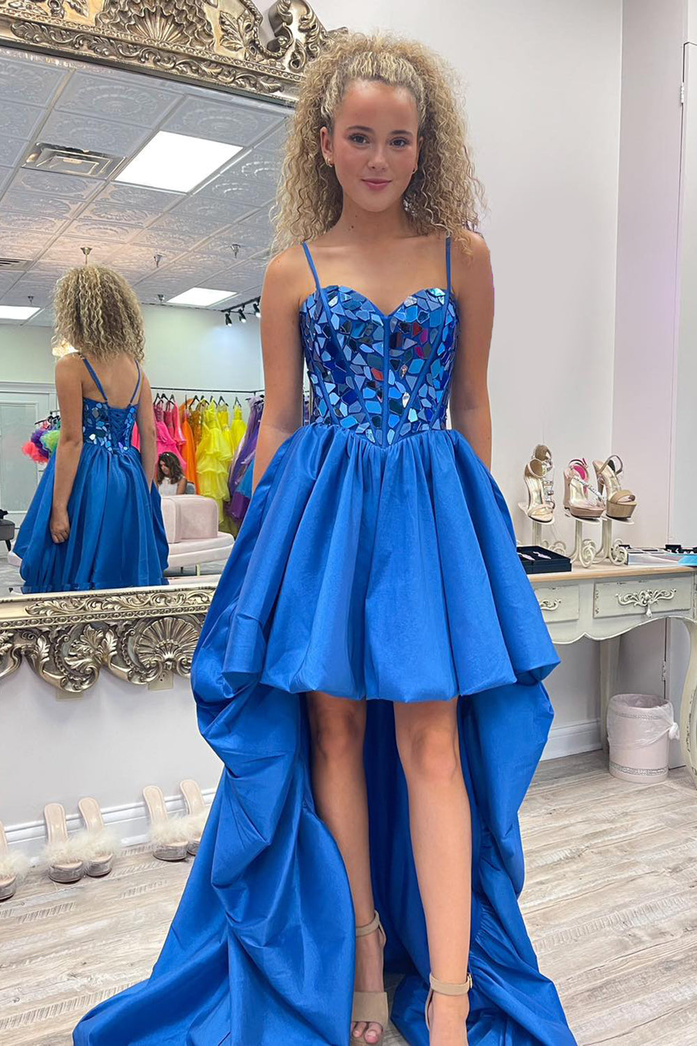 Black Homecoming Dresses High Low Satin A-Line Mirror Prom Dress