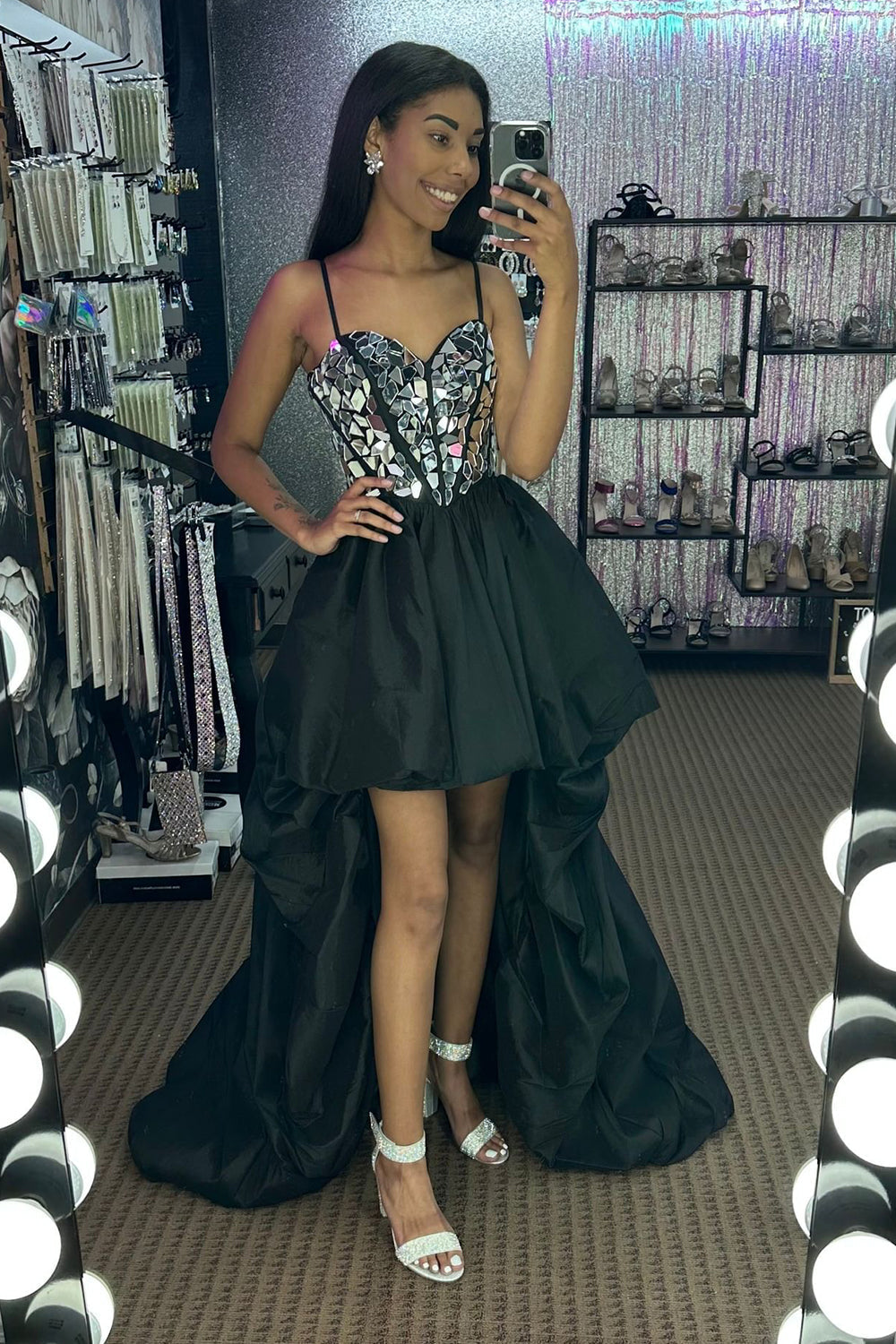 Black Homecoming Dresses High Low Satin A-Line Mirror Prom Dress