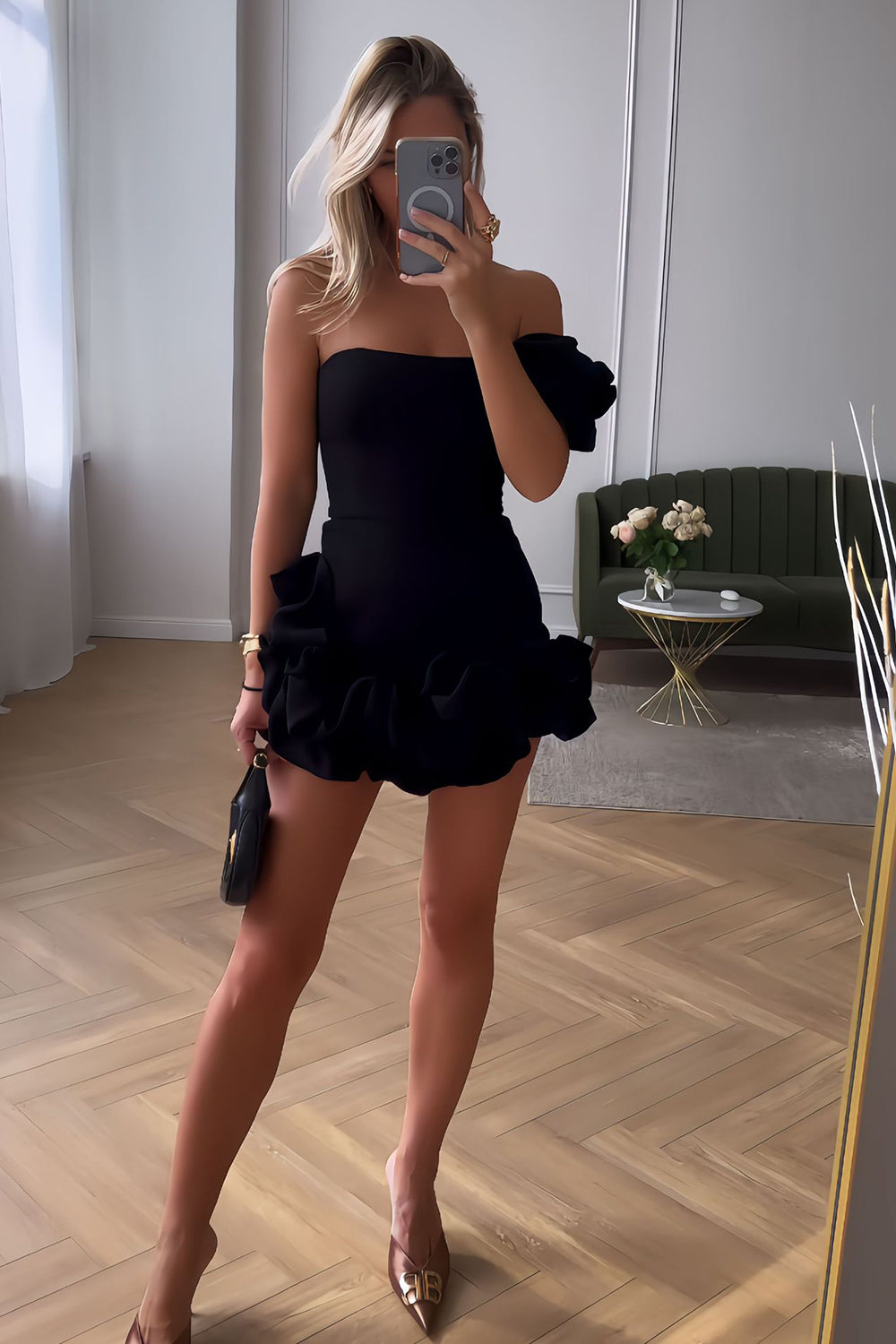Black Homecoming Dresses One Shoulder Ruffled Tight Short Cocktail Dresses