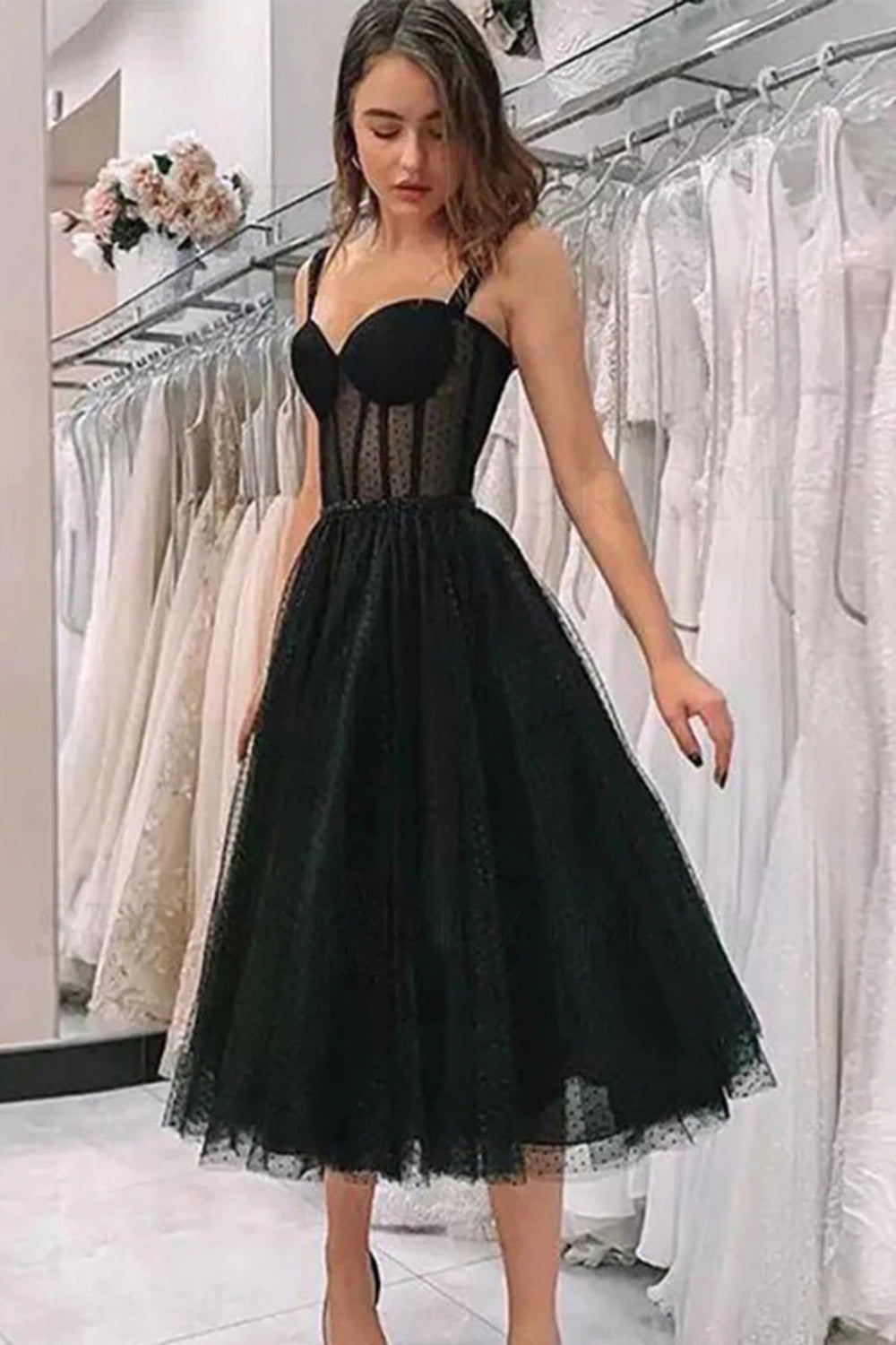 Black Homecoming Dresses Polka Dots A Line Prom Dress