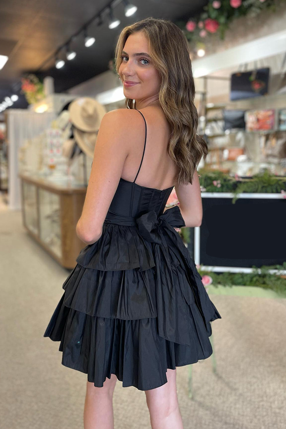 Black Homecoming Dresses Spaghetti Straps A Line Tiered Short Cocktail Dresses With Bow