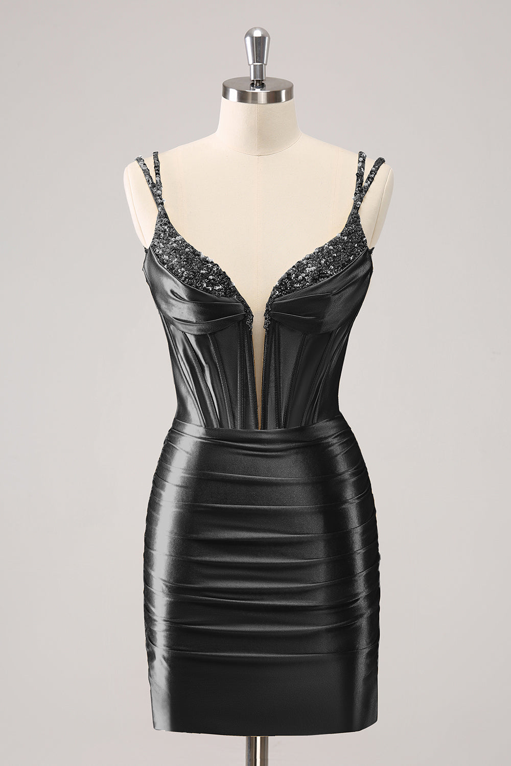 Black Homecoming Dresses Spaghetti Straps Tight Corset Prom Dress with Sequin