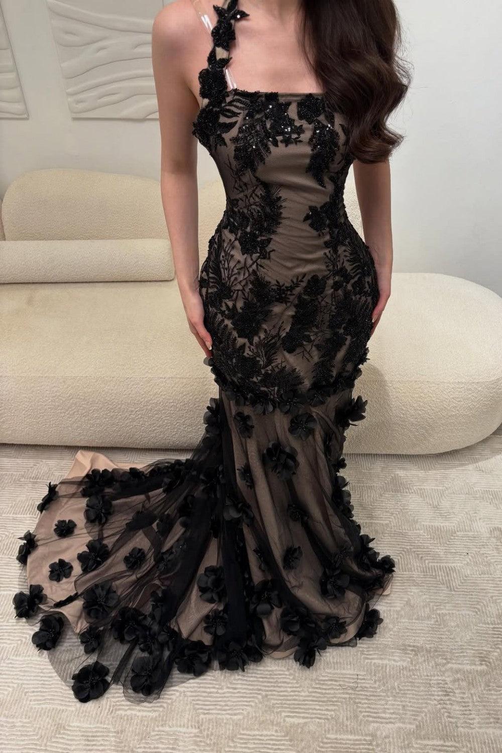 Black Illusion Floral Halter Mermaid Prom Dress With 3D Appliques Formal Evening Gown