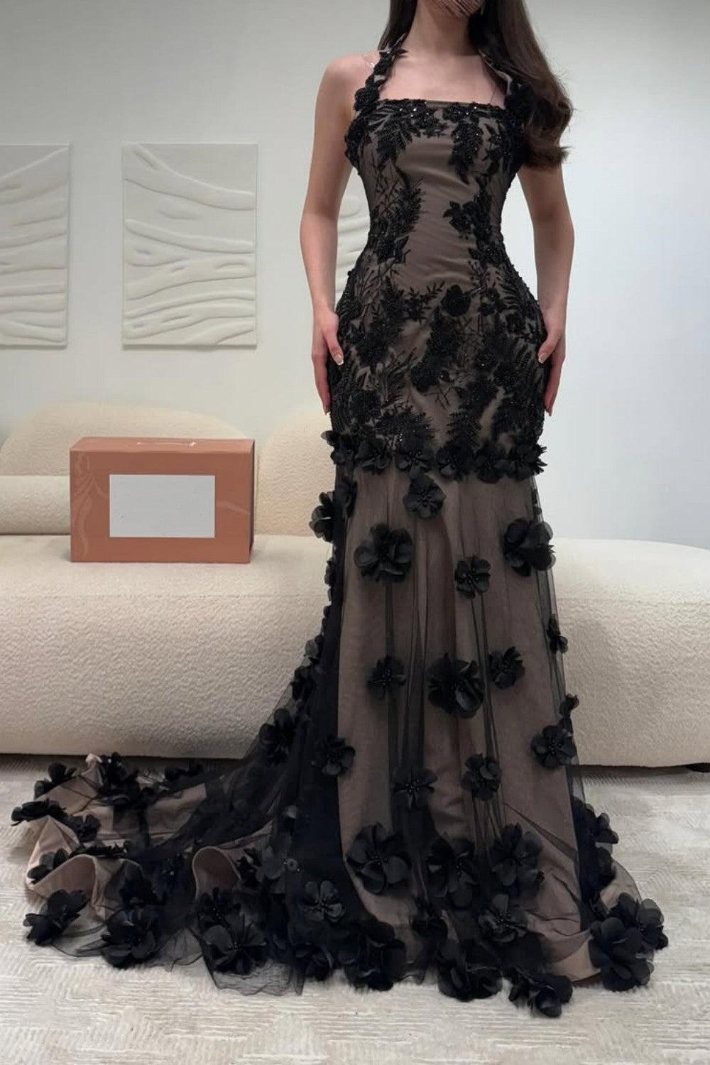 Black Illusion Floral Halter Mermaid Prom Dress With 3D Appliques Formal Evening Gown
